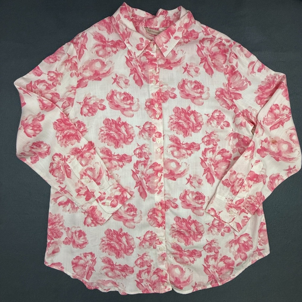 Soft Surroundings Shirt Womens Large Pink Floral Button‎ Down Tencel Long Sleeve